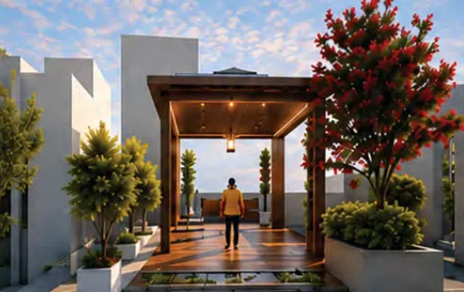 Timber pergola at the grand entrance, with a flowering tree