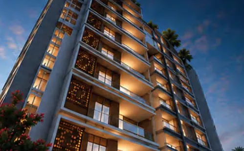 Looking up the facade with timber screens and lit balconies